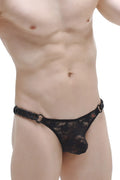 Black lace thong with braided chain belt and metal rings showcasing the back side of the thong chains lace black product
