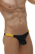 Black satin thong briefs with a bold yellow chain belt highlighting the front design