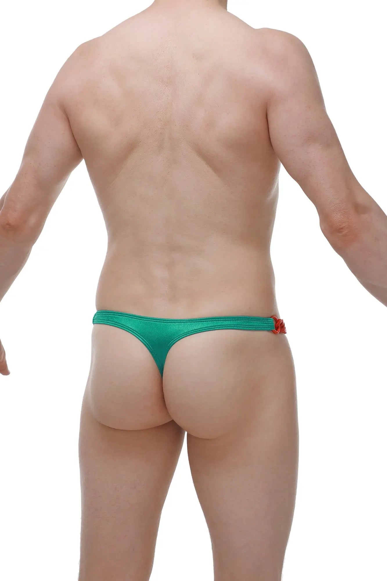 Thong chains satin green emerald green satin thong with small orange decorative accent on the side