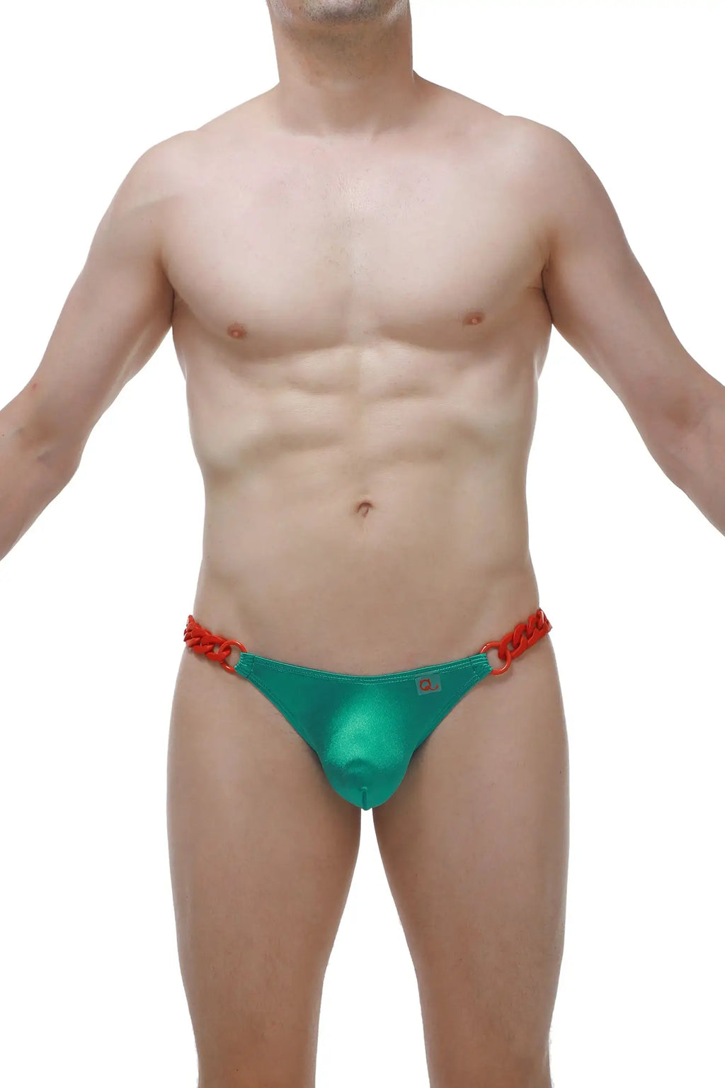 Teal-green satin thong with shiny fabric and red braided chain detailing at the waistband