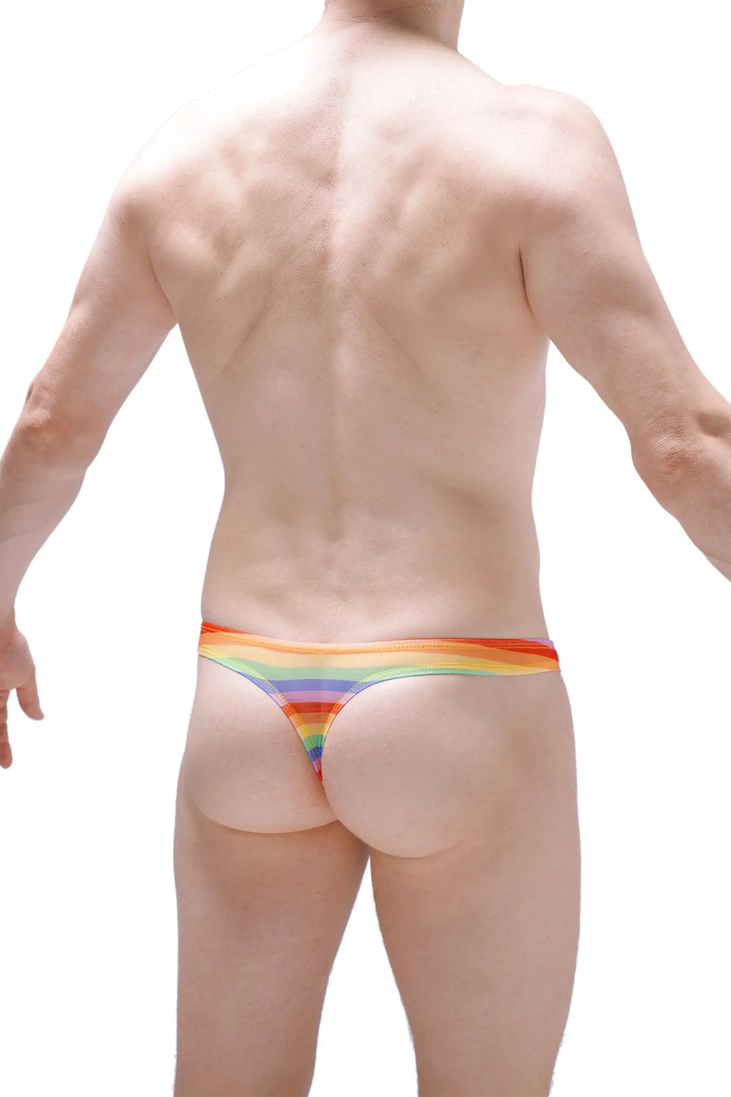 Thong chill net rainbow rainbow-striped thong with snug form-fitting design and vibrant colors shown from back side