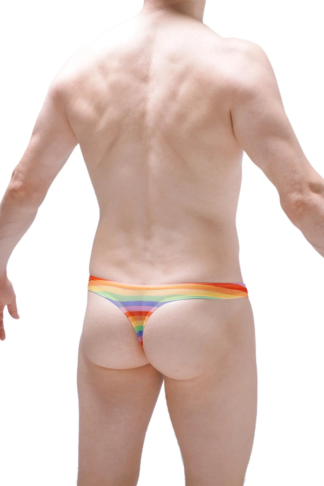Thong chill net rainbow rainbow-striped thong with snug form-fitting design and vibrant colors shown from back side