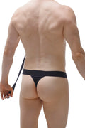 Black thong doggy style with thin adjustable strap showcasing the back side of the lingerie product