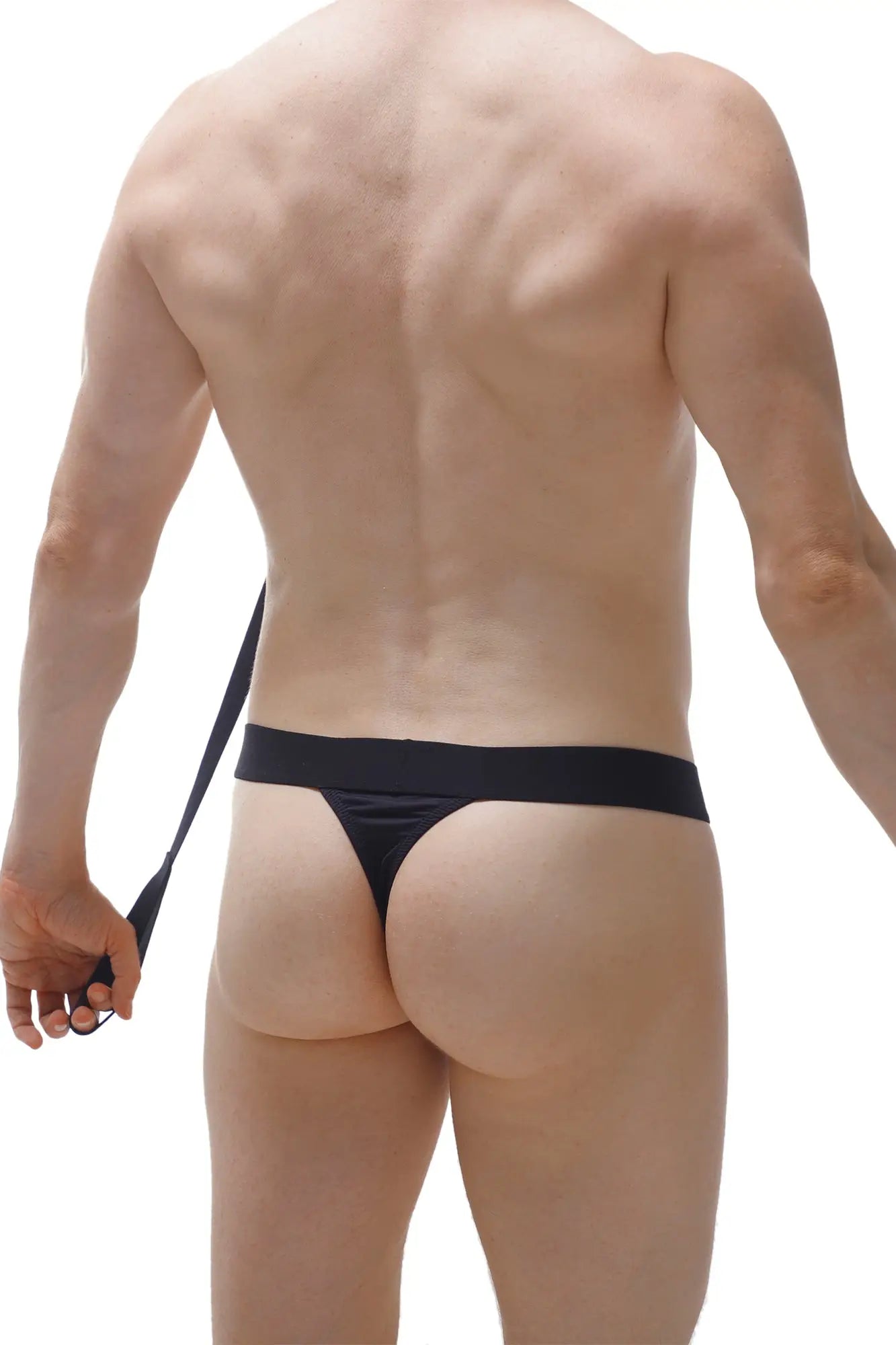 Black thong doggy style with thin adjustable strap showcasing the back side of the lingerie product