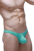 Teal-colored men’s thong briefs made of smooth stretchy bamboo fabric with a small red logo on the sideband