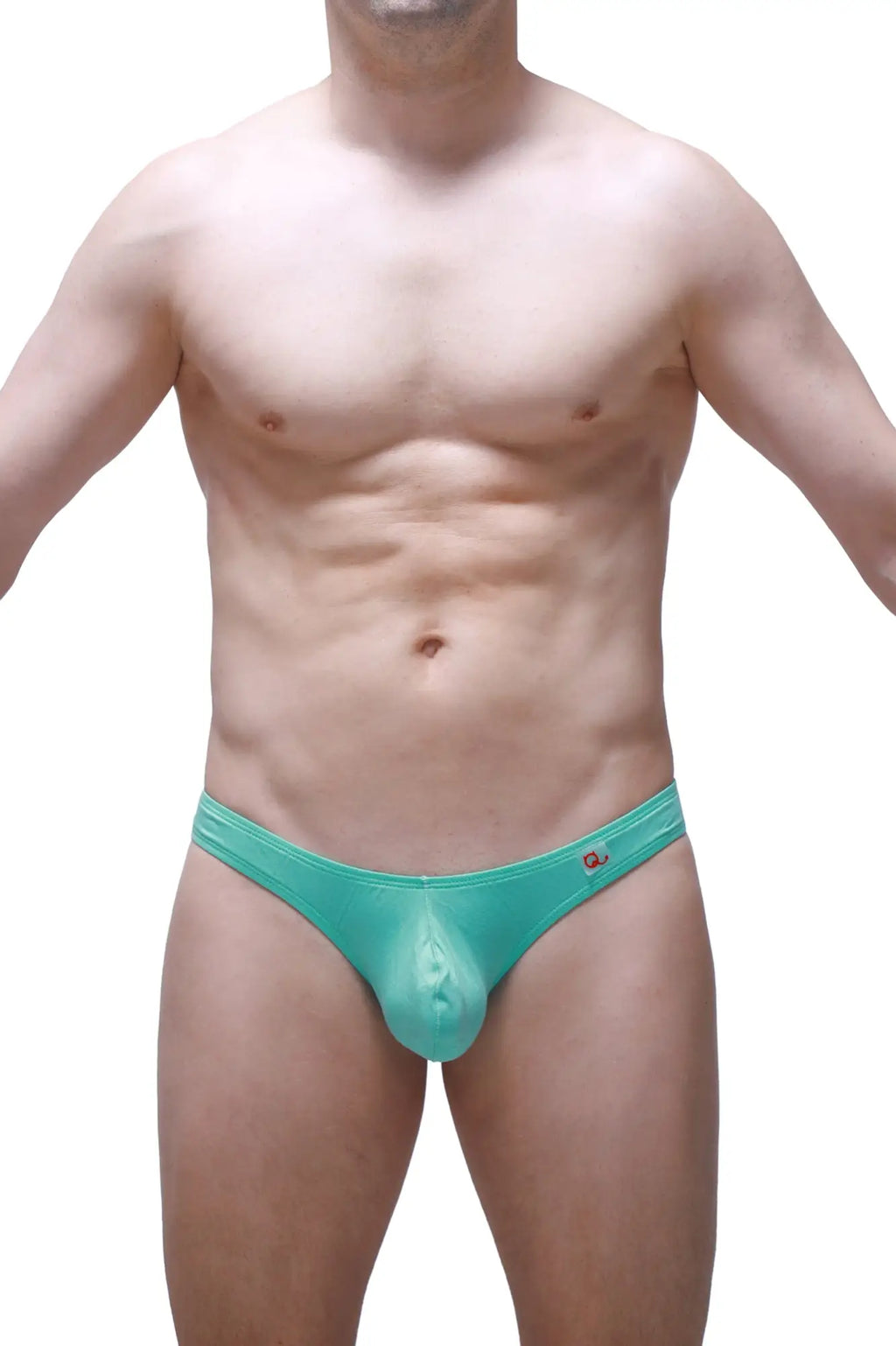 Teal-colored thong dome bamboo green men’s briefs with smooth stretchy fabric and small logo on waistband front view