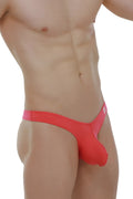 Bright red form-fitting thong made of smooth elastic dome modal fabric shown from the back side
