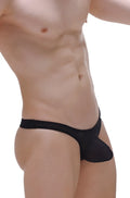 Black sheer mesh thong with solid black waistband from thong dome net collection shown from the front
