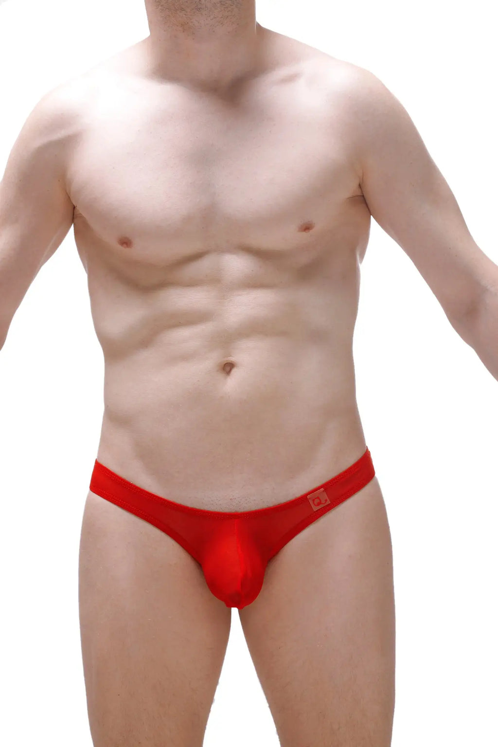 Red form-fitting thong dome net briefs with smooth stretchy fabric and logo on waistband