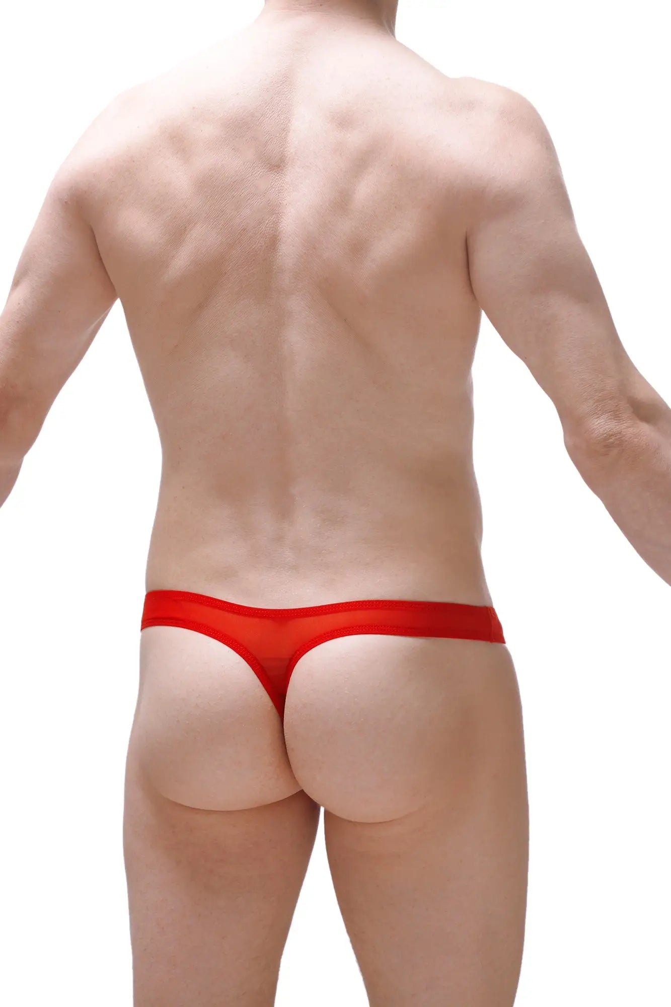 Red sheer mesh thong showing back side in thong dome net red design featuring breathable fabric