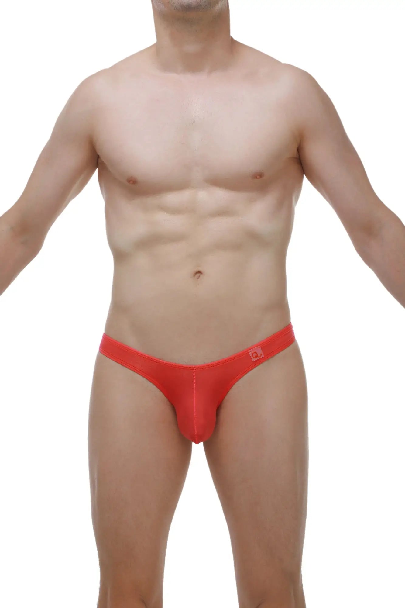 Red form-fitting men’s briefs thong dome plum crimson with smooth stretchy fabric and small waistband logo