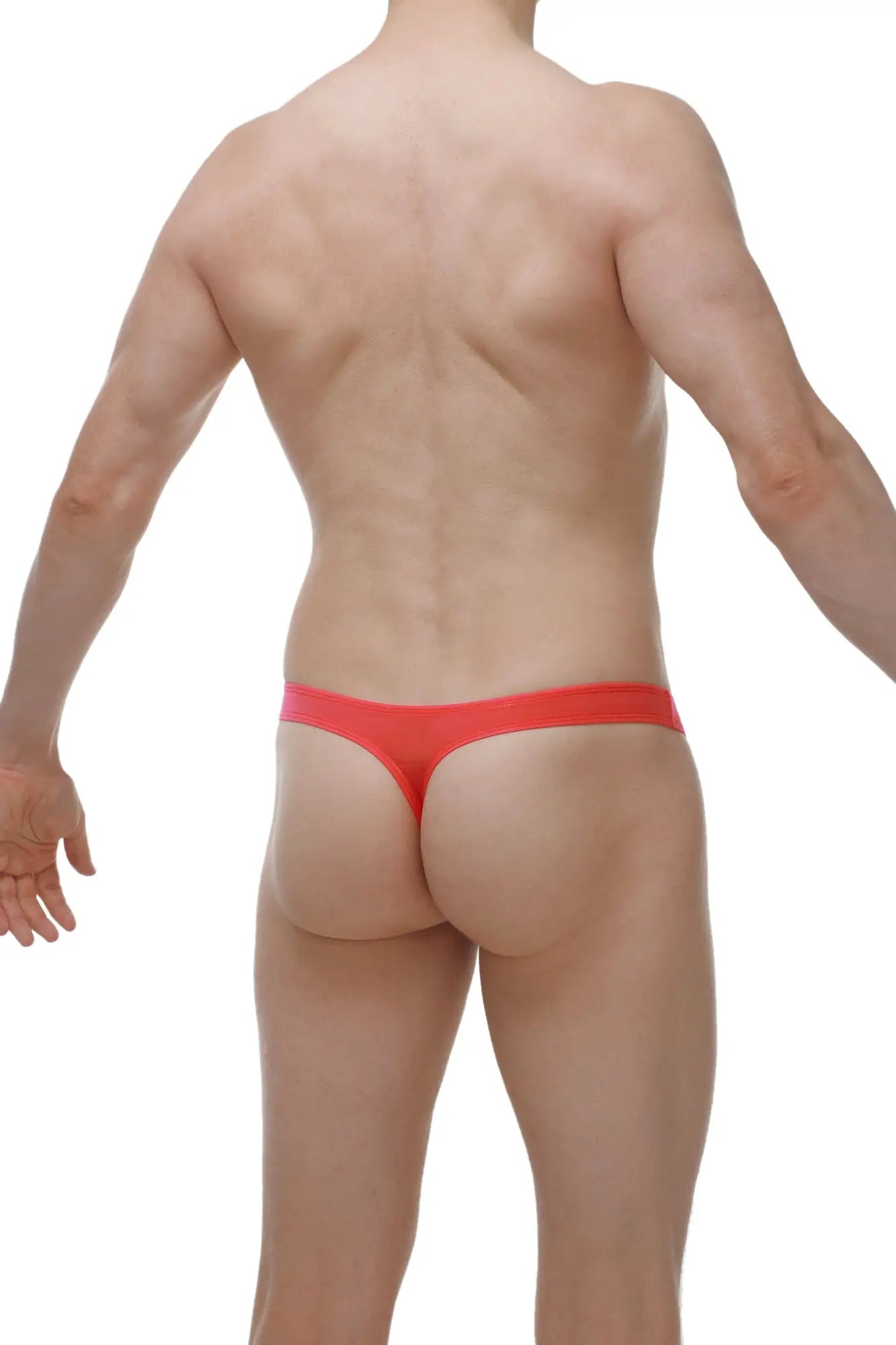 Red thong underwear in plum crimson with smooth stretchy fabric shown from the back side