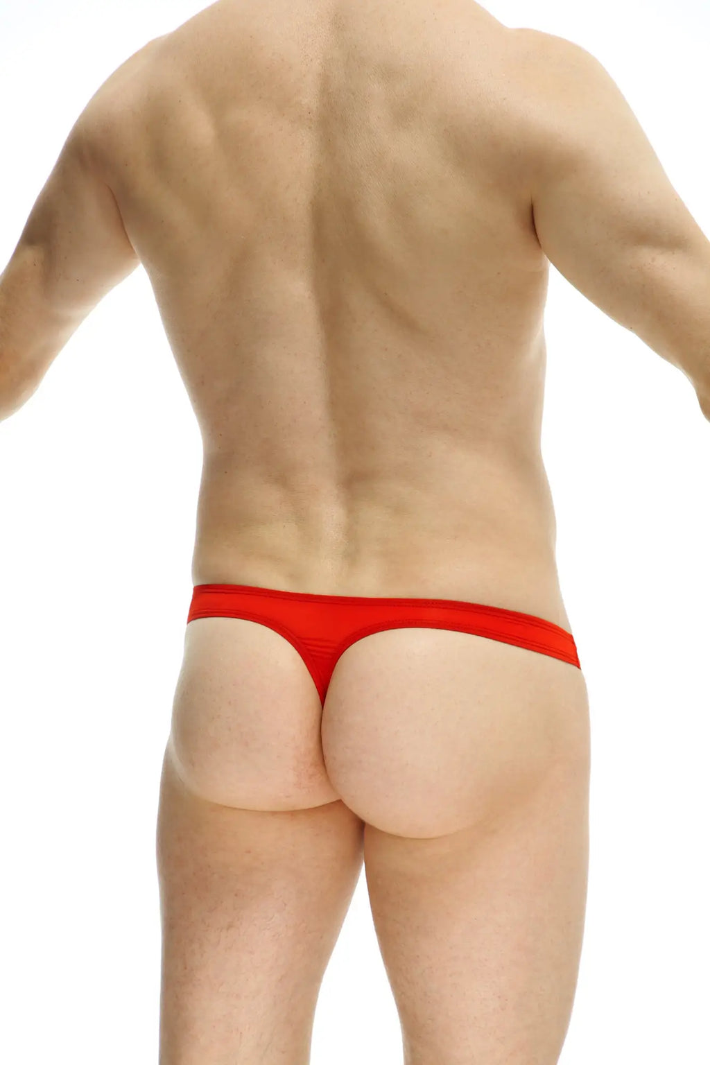 Red thong made of stretchy fabric from thong dome plum red collection shown from the back side