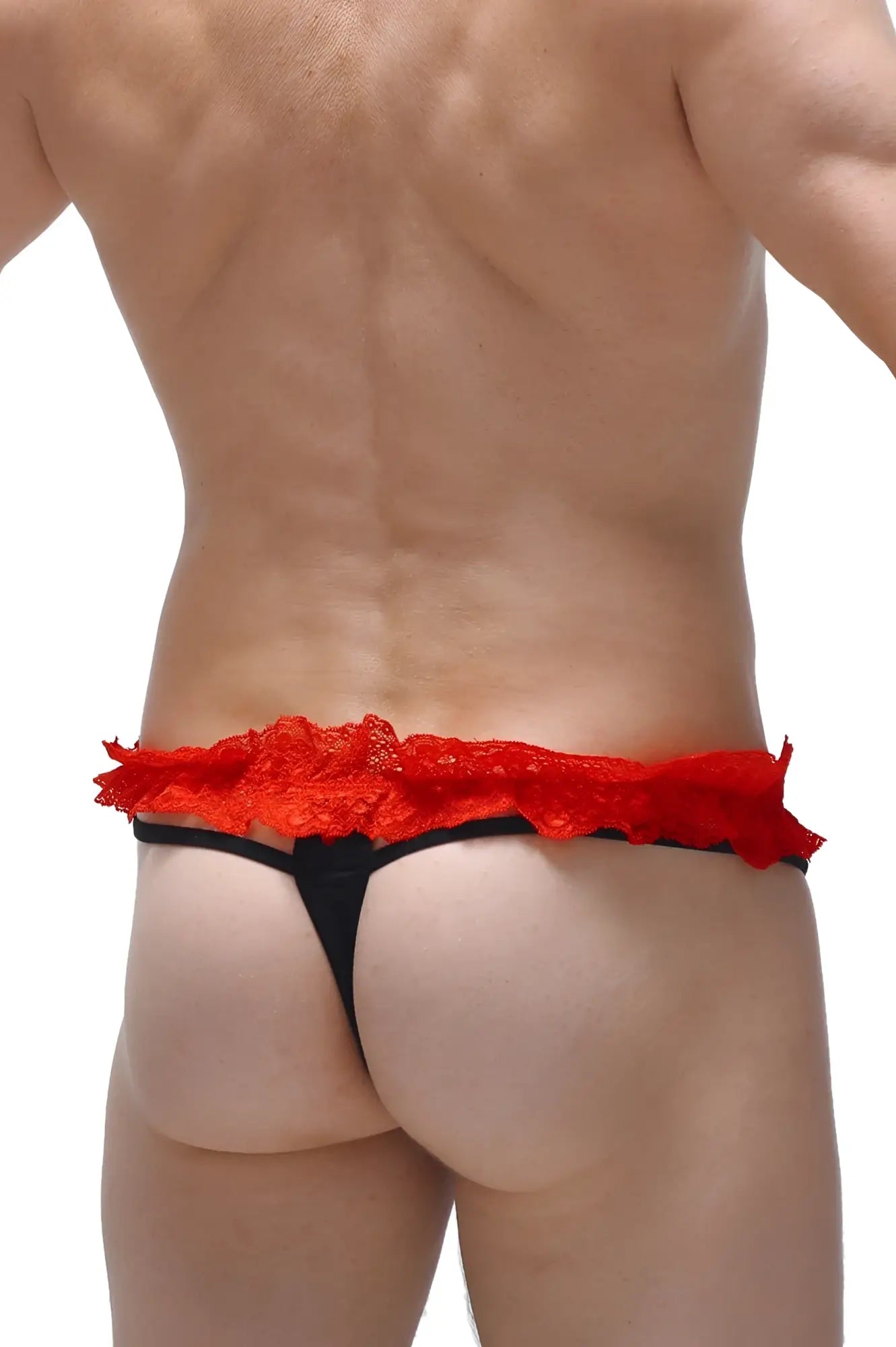 Black thong fremir with red lace trim featuring a delicate design for stylish lingerie use