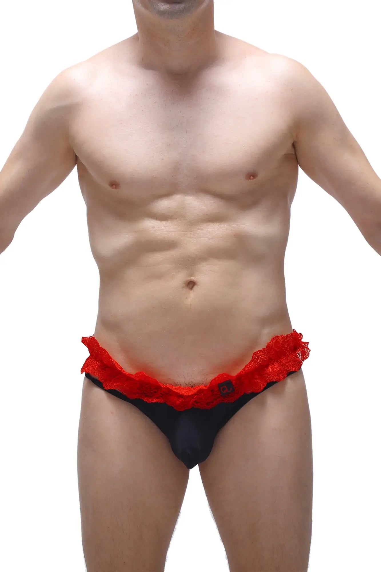 Black thong fremir with vibrant red lace trim showcasing front side lace detailing and comfortable fit