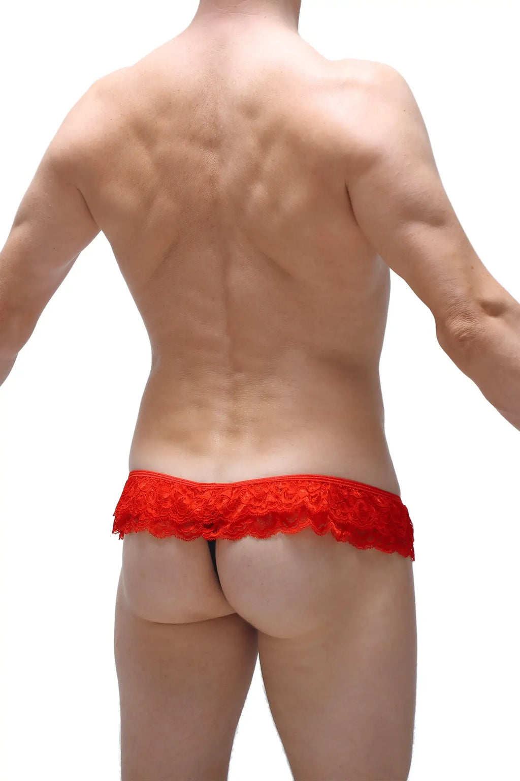 Red lace thong frou-frou black with intricate floral patterns, delicate and elegant lingerie piece