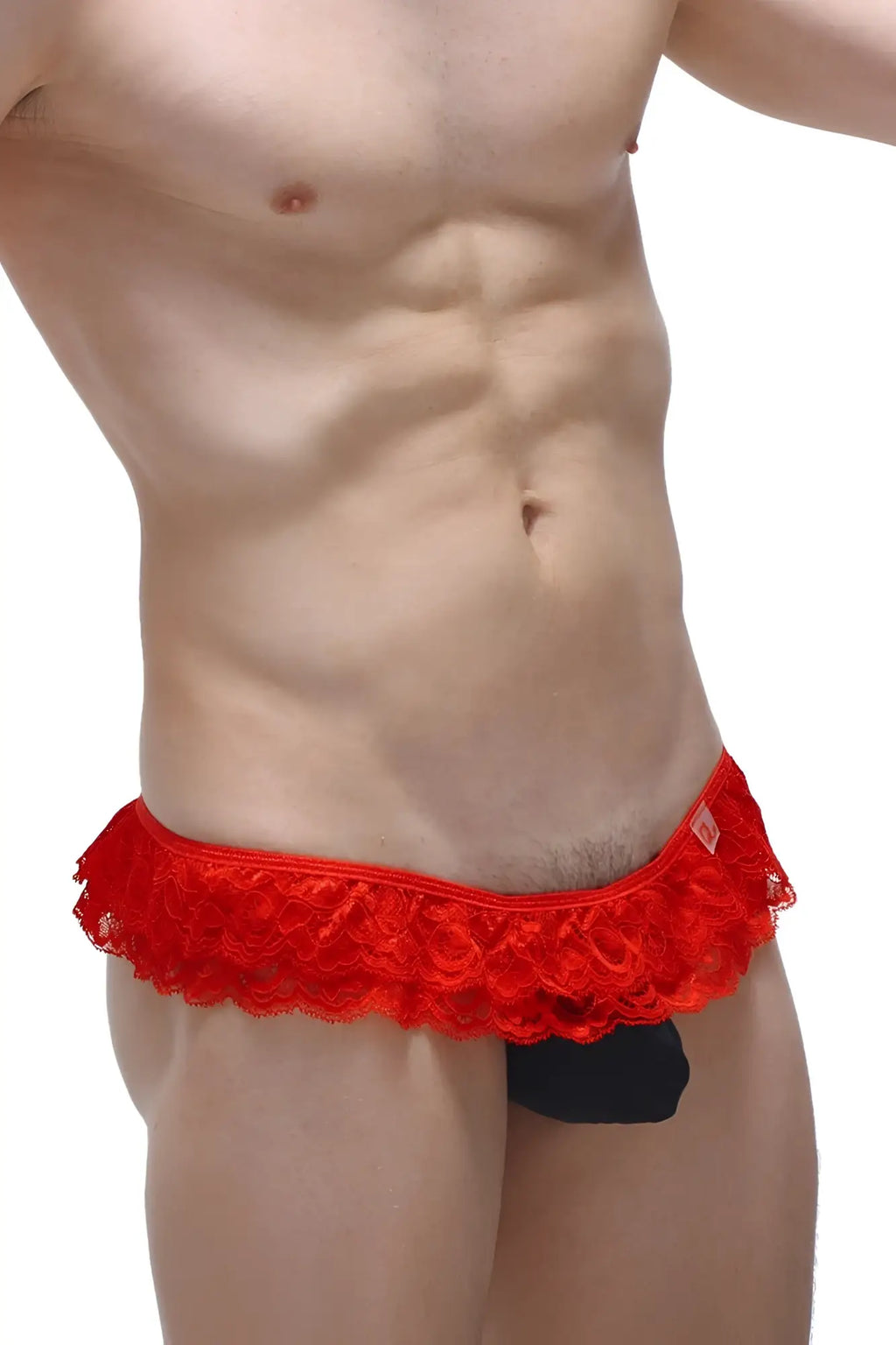 Red lace thong frou-frou black with scalloped edges and black inner lining showing the front side
