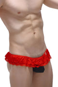 Red lace thong frou-frou black with scalloped edges and black inner lining showing the front side