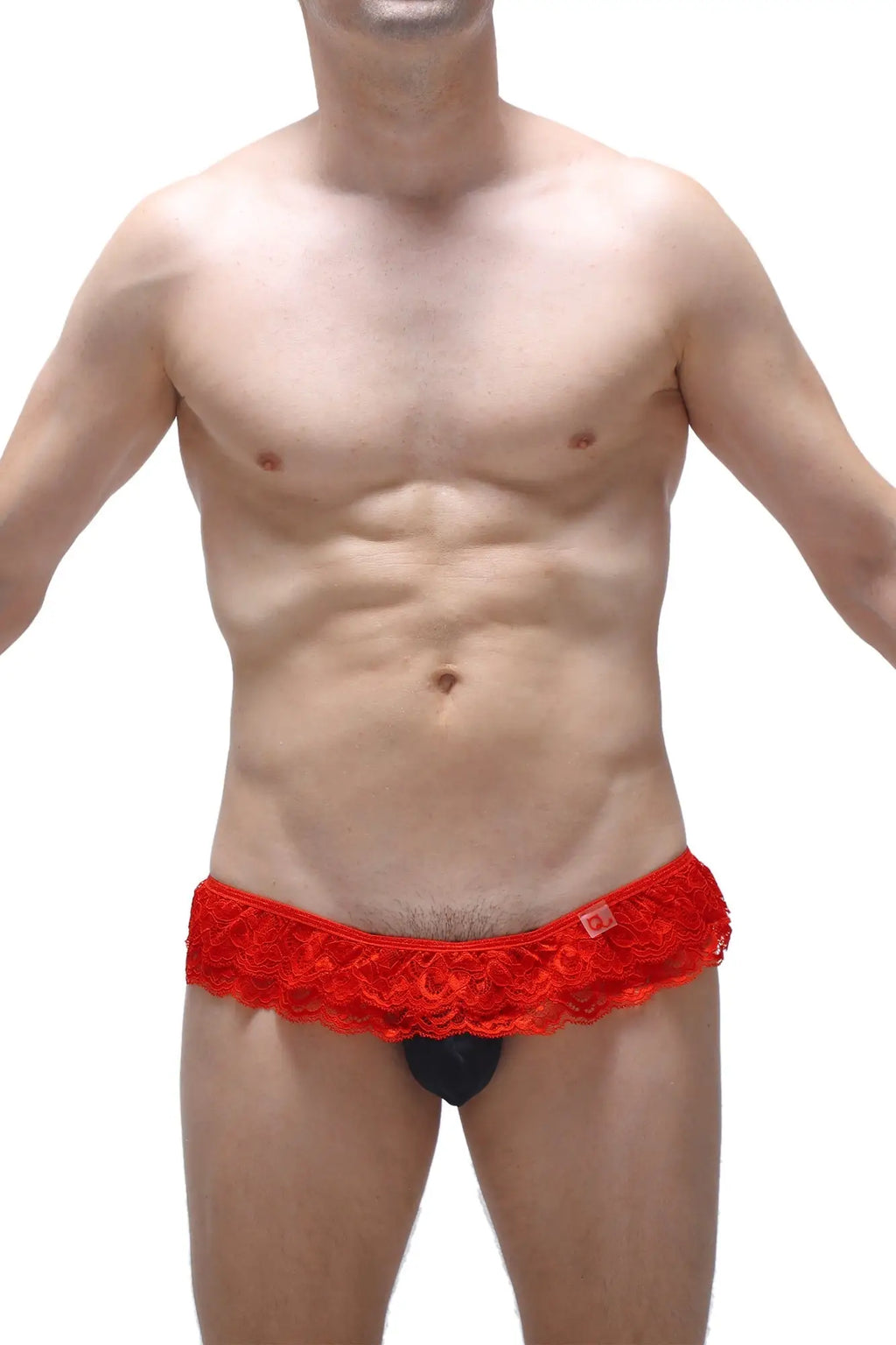 Red lace-trimmed men’s briefs with black inner lining from thong frou-frou black collection front view