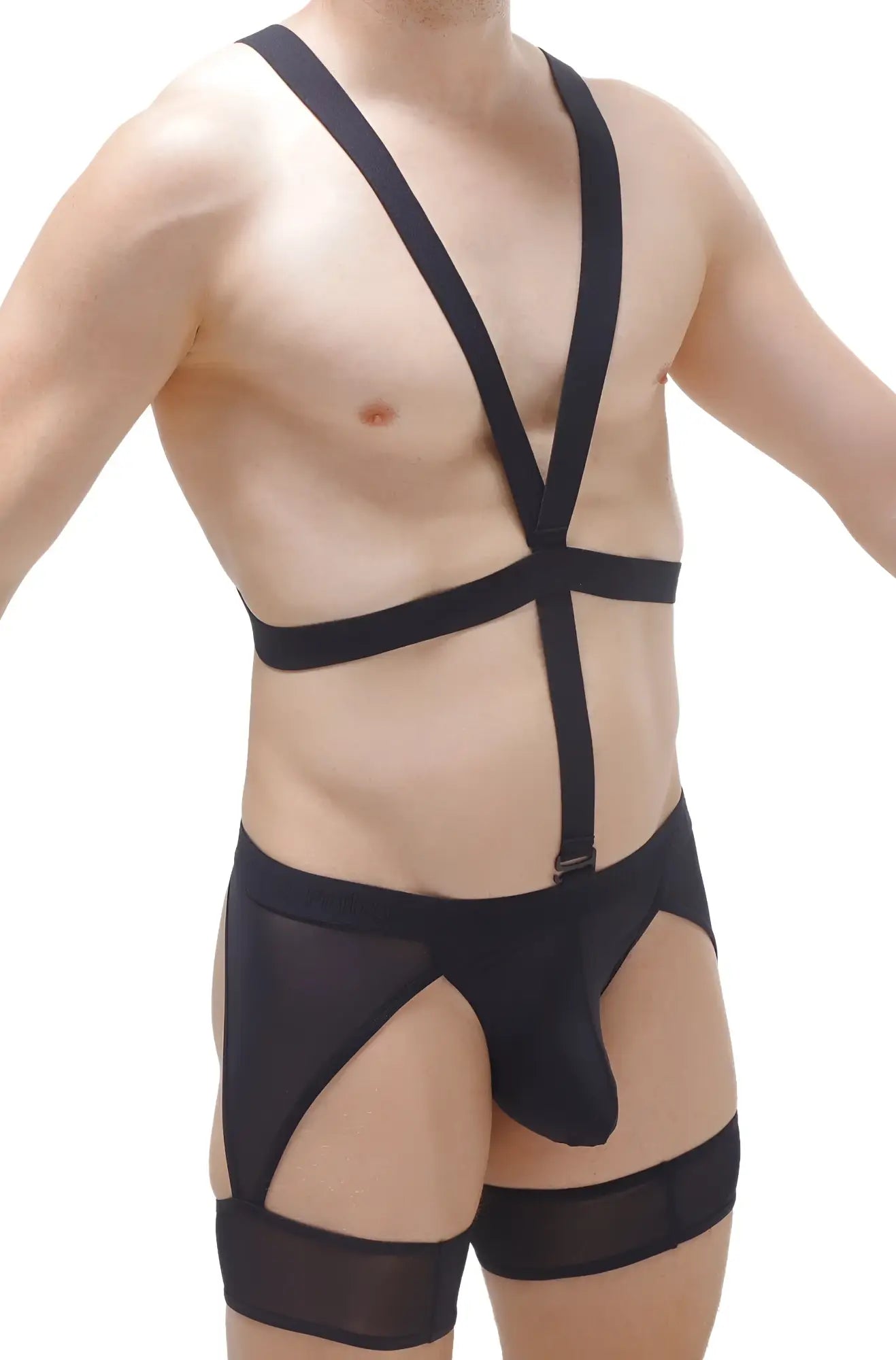 Black mesh thong harness Mece with adjustable straps and central front panel lingerie for bold intimate wear