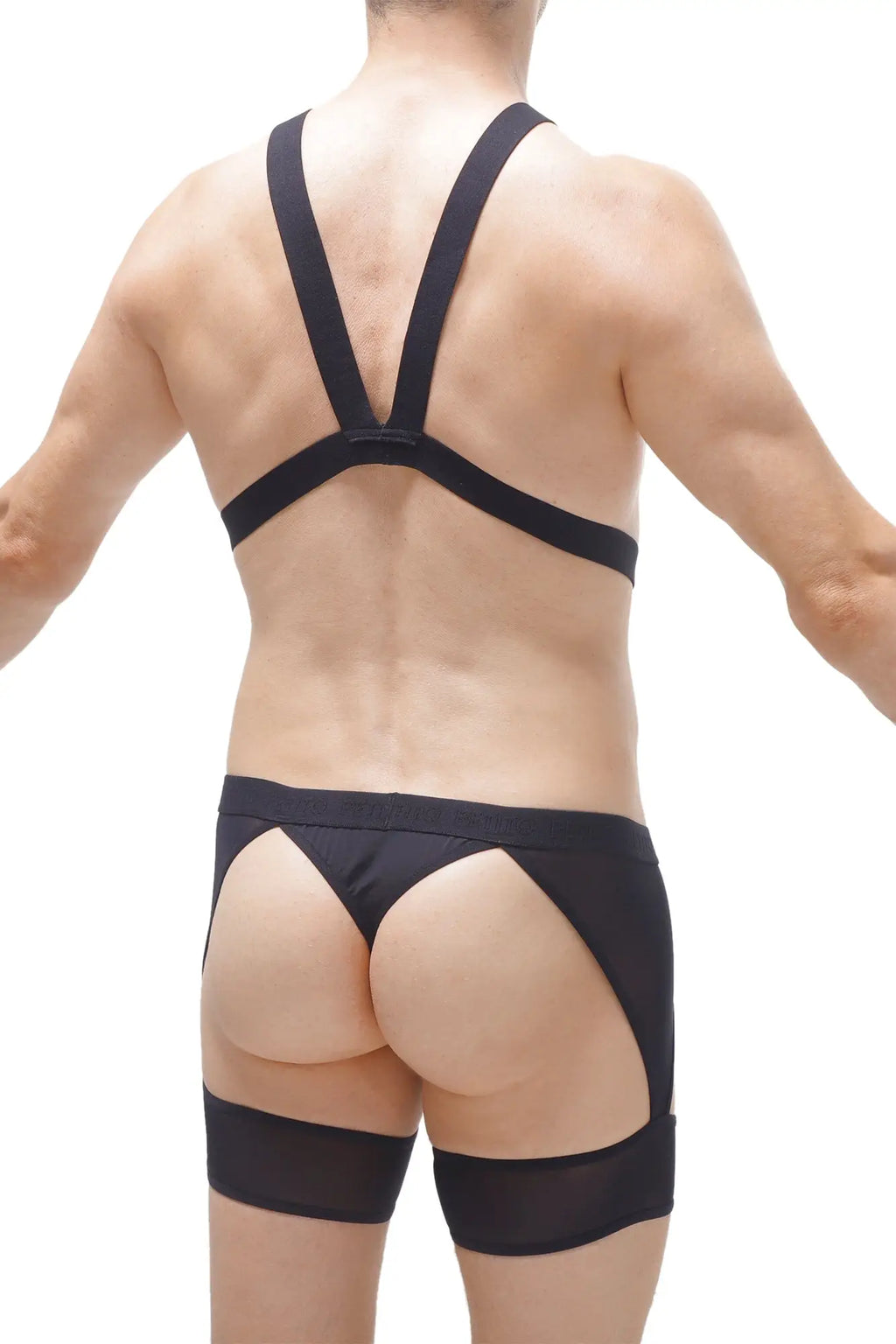 Black satin thong harness mece briefs with wide supportive straps and sheer mesh side panels