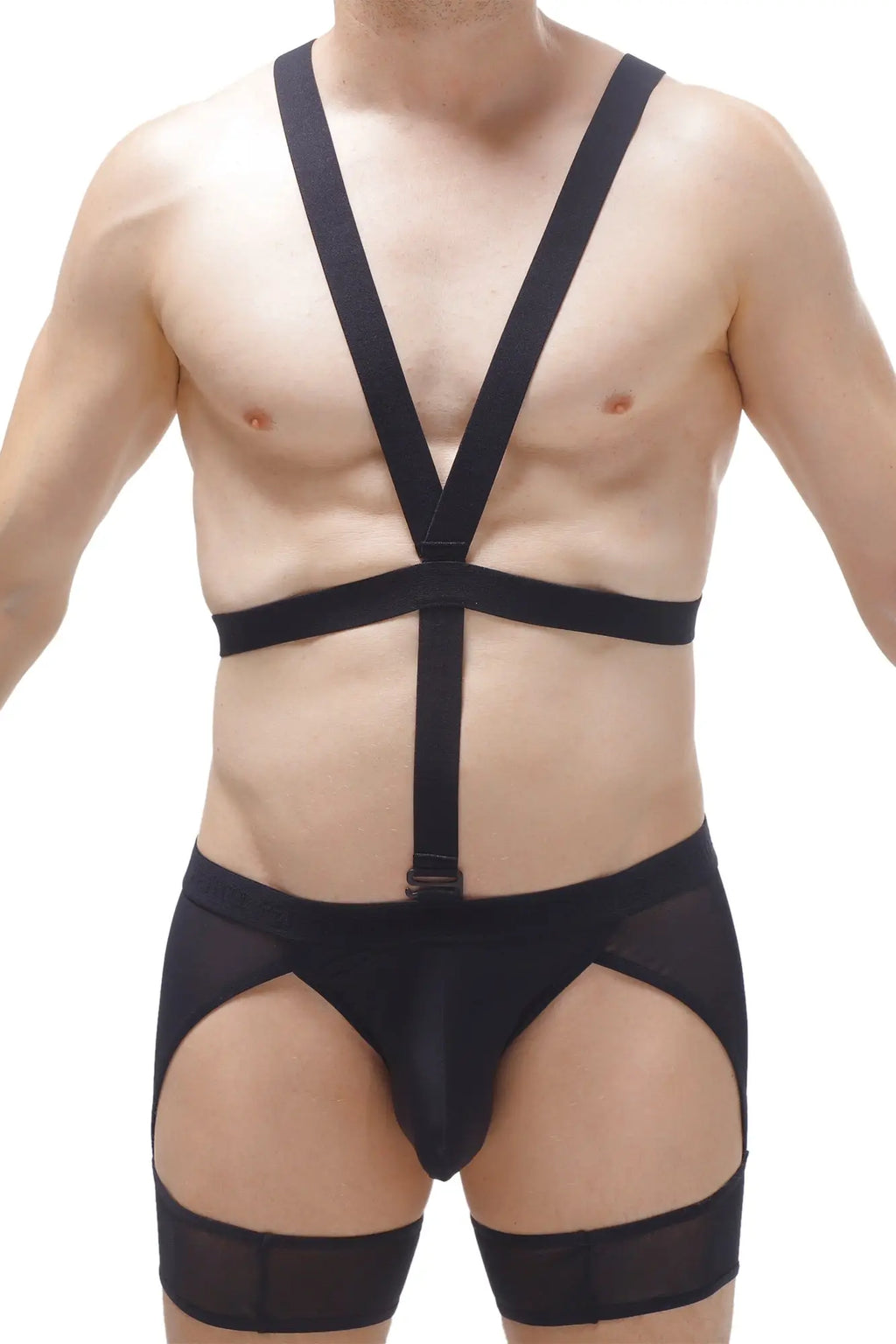 Black thong harness mece bodysuit with mesh panels and adjustable straps shown from the back side