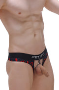Black and red patterned men’s thong with petitq branding on waistband from thong hole cockring boudoir collection