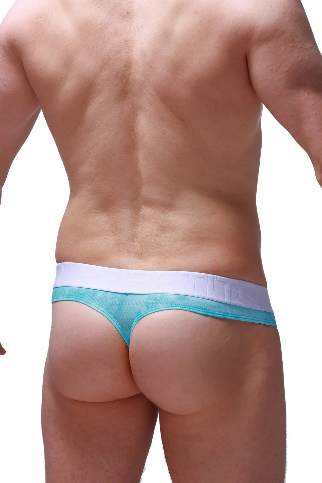 Teal and white mesh thong with wide waistband and thong hole cockring marbre green for intimate wear