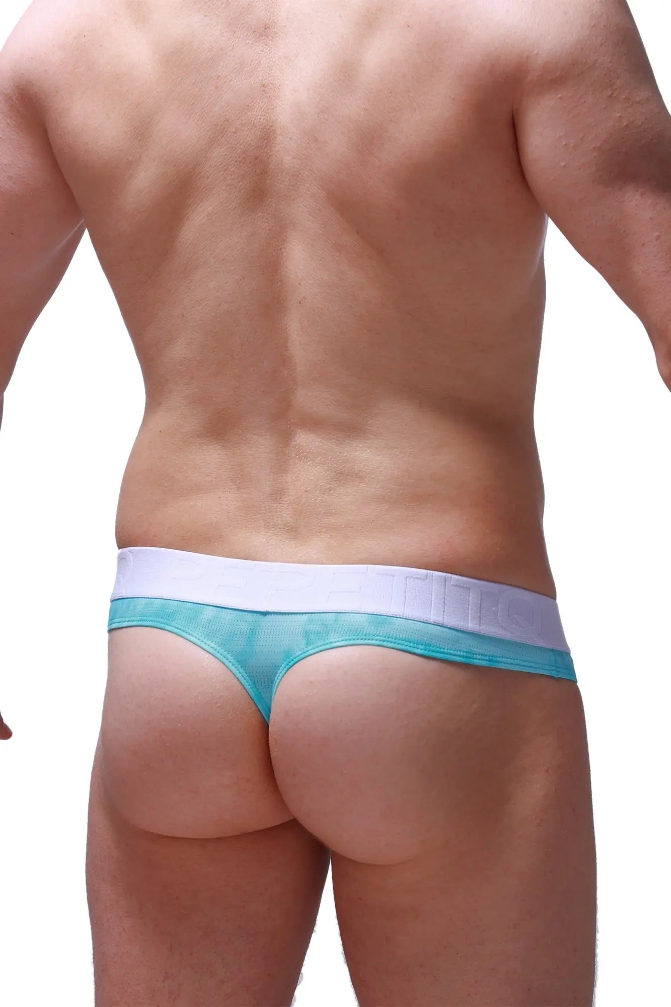 Teal and white mesh thong with wide waistband and thong hole cockring marbre green for intimate wear