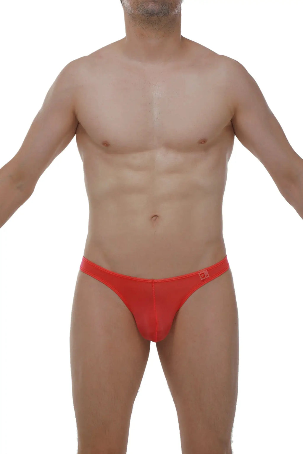 Red form-fitting thong lasso cockring briefs with a subtle logo on the waistband in plum crimson color