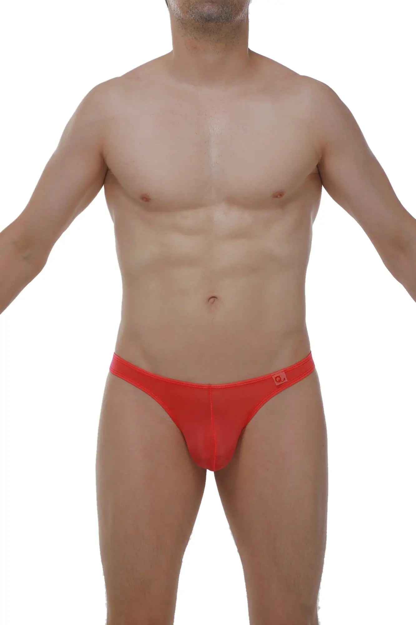 Red form-fitting thong lasso cockring briefs with a subtle logo on the waistband in plum crimson color