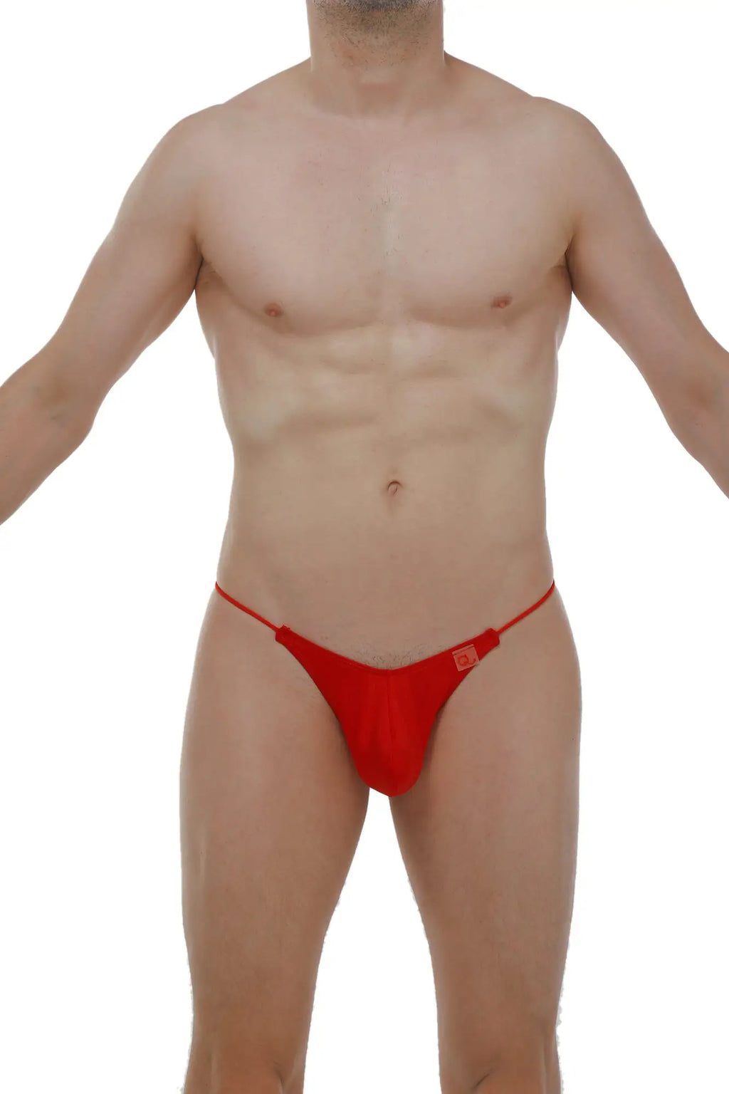 Red men’s thong lolif joe with thin straps and a small square logo on the side in a vibrant red color