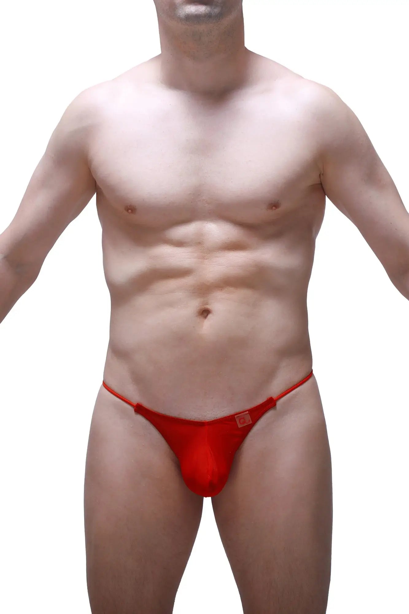 Red form-fitting thong lolif net red with small square logo on sideband showing back side of the product