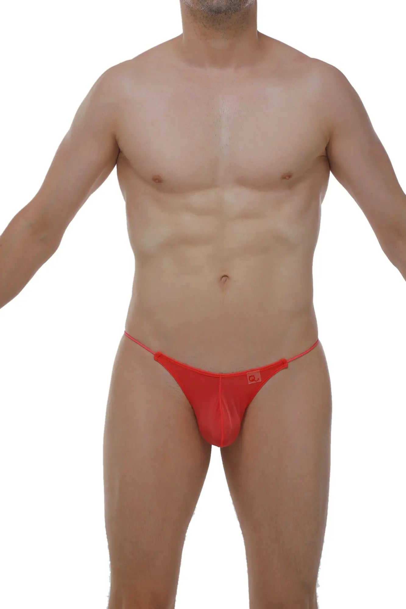 Red glossy fabric thong lolif plum crimson with thin straps and a small logo on the front
