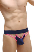Navy blue and pink men’s thong with satin-like finish and distinctive cutout design showing the back side