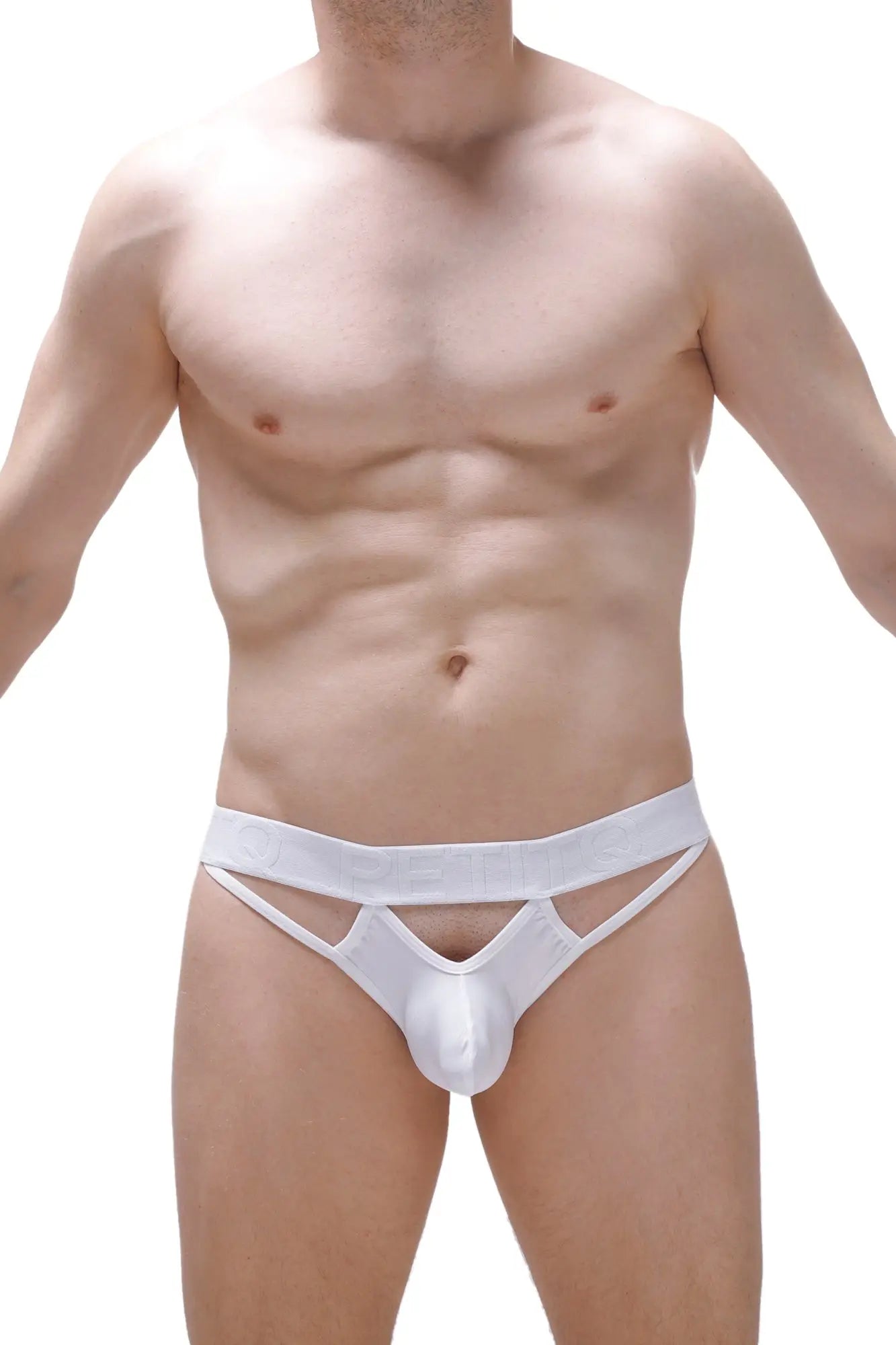 White sleek form-fitting men’s thong underwear with distinctive cutout design called thong mano white