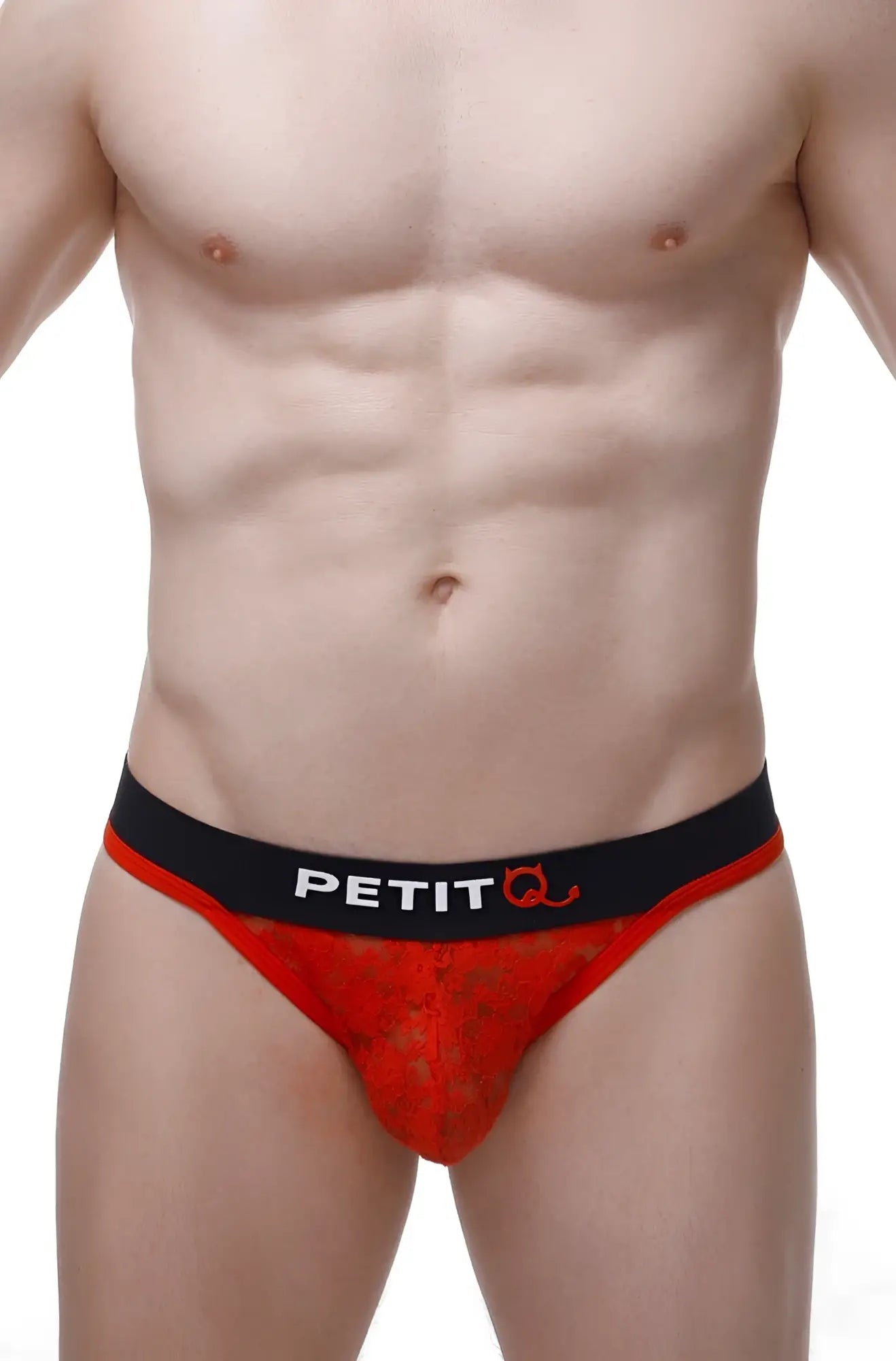 Red lace men’s briefs thong maulay lace red with black petitq logo waistband showing front side