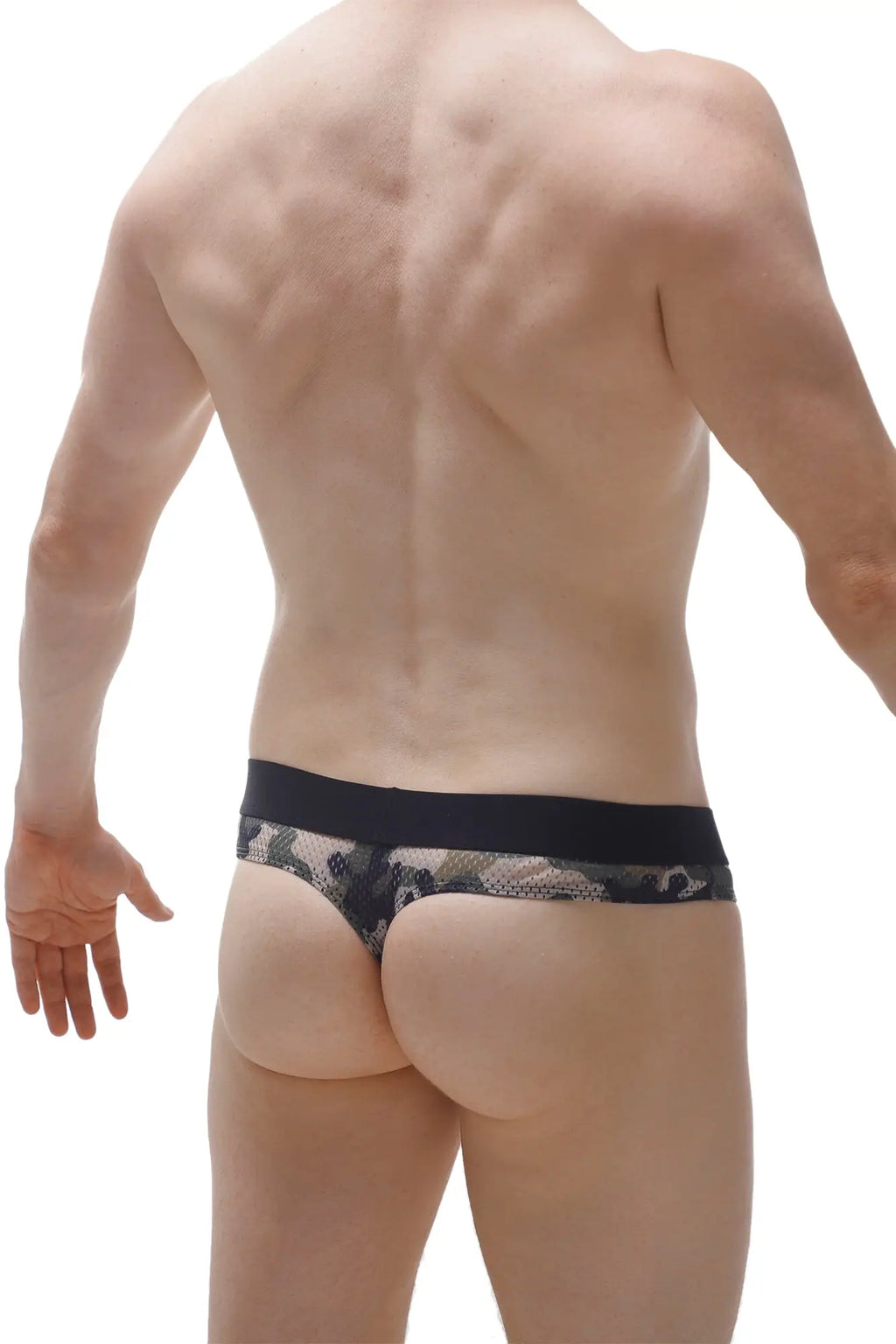 Black and gray camouflage mesh thong menhir camo briefs with solid black waistband shown from the front
