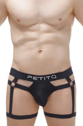 Black petitq brand men’s thong midass briefs with strappy harness style design in a sleek black fabric