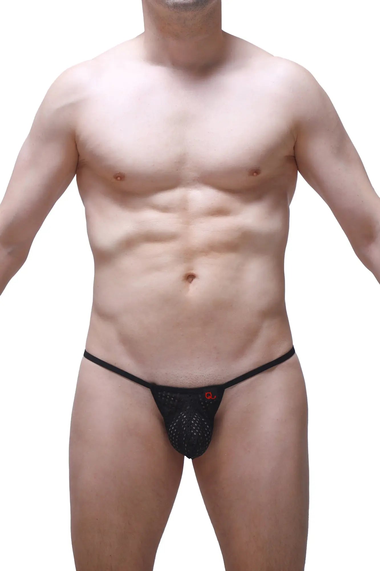 Black mesh thong Migny Durtol with a small red logo on the front for stylish and breathable wear