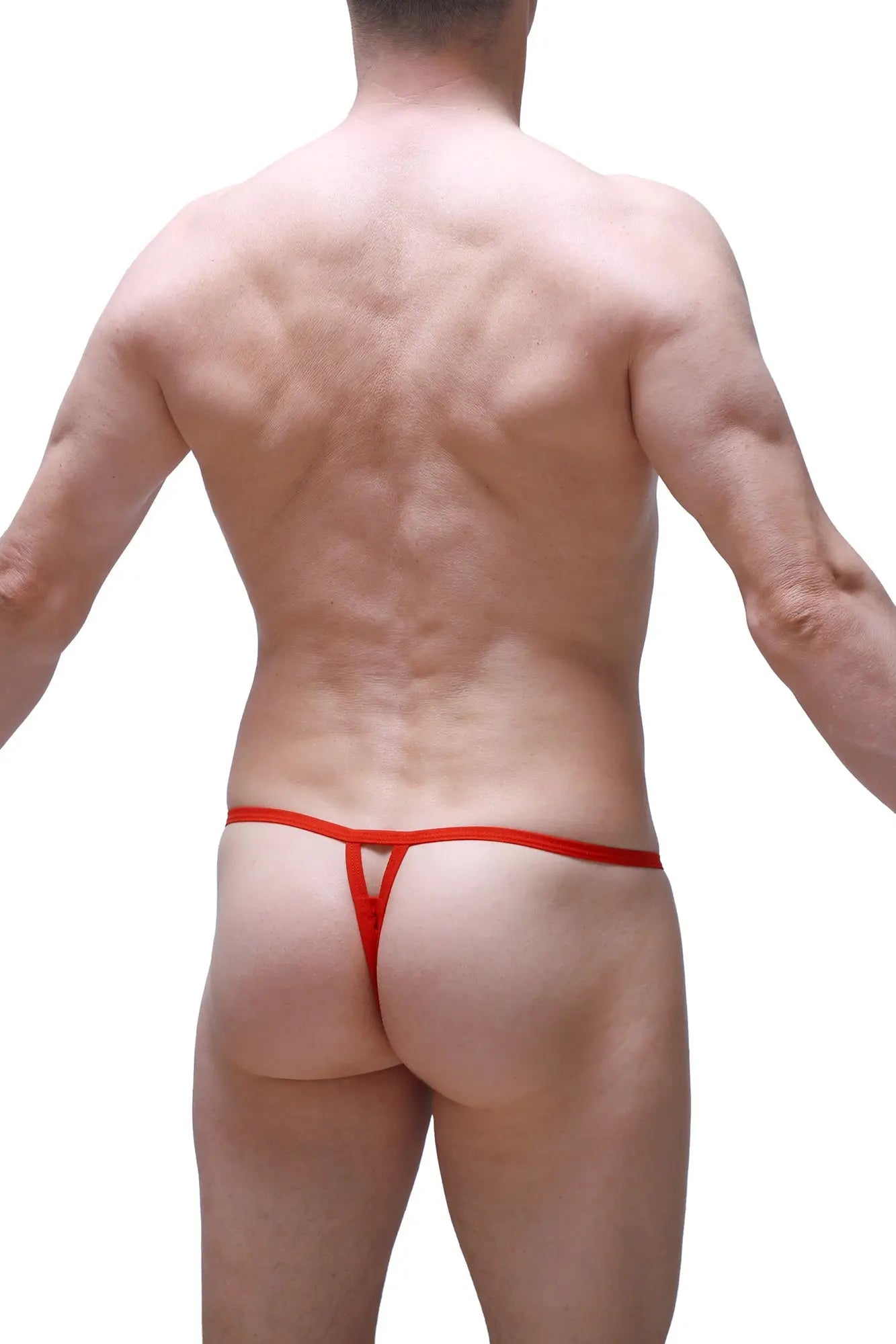 Red thong with a thin form fitting lace design shown from the back in a vibrant red color