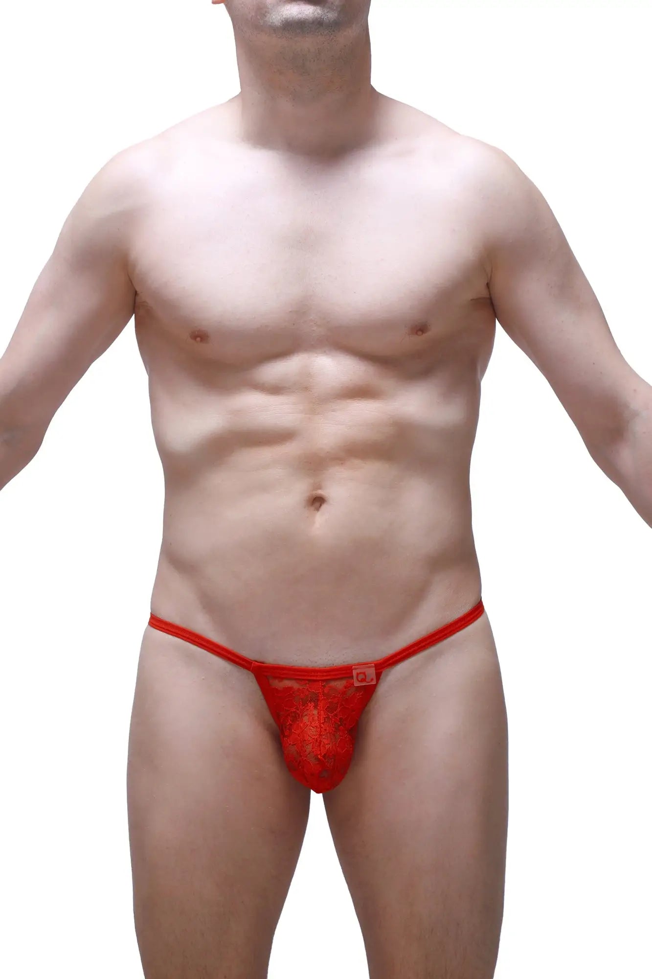 Red lace thong with floral pattern and small square logo on waistband featured in thong Migny Lace Red product