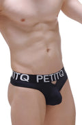 Black petitq men’s thong moree briefs with white logo band and front cutout detail for stylish comfort