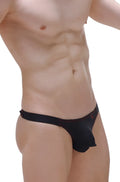 Black men’s briefs thong mothern black with red logo on waistband showing front side in soft cotton material