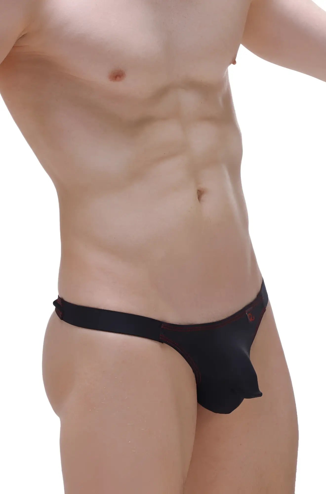 Black men’s briefs thong mothern black with red logo on waistband showing front side in soft cotton material