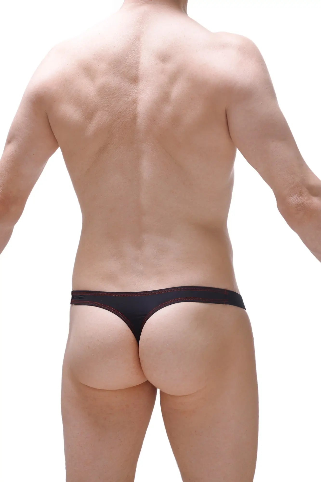 Black thong with red stitching along the waistband showing the back side from the Thong Mothern Black collection