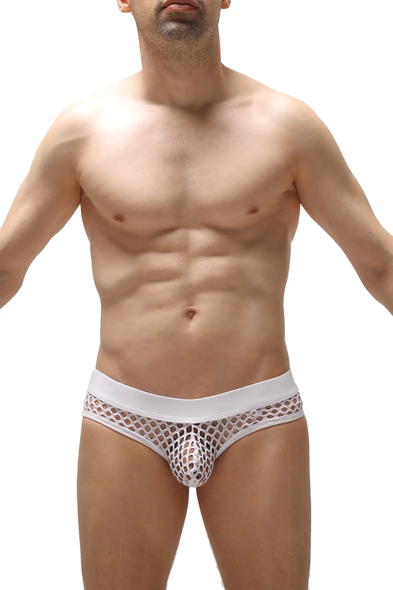 White mesh briefs thong nivac white with solid white waistband and circular perforations front view