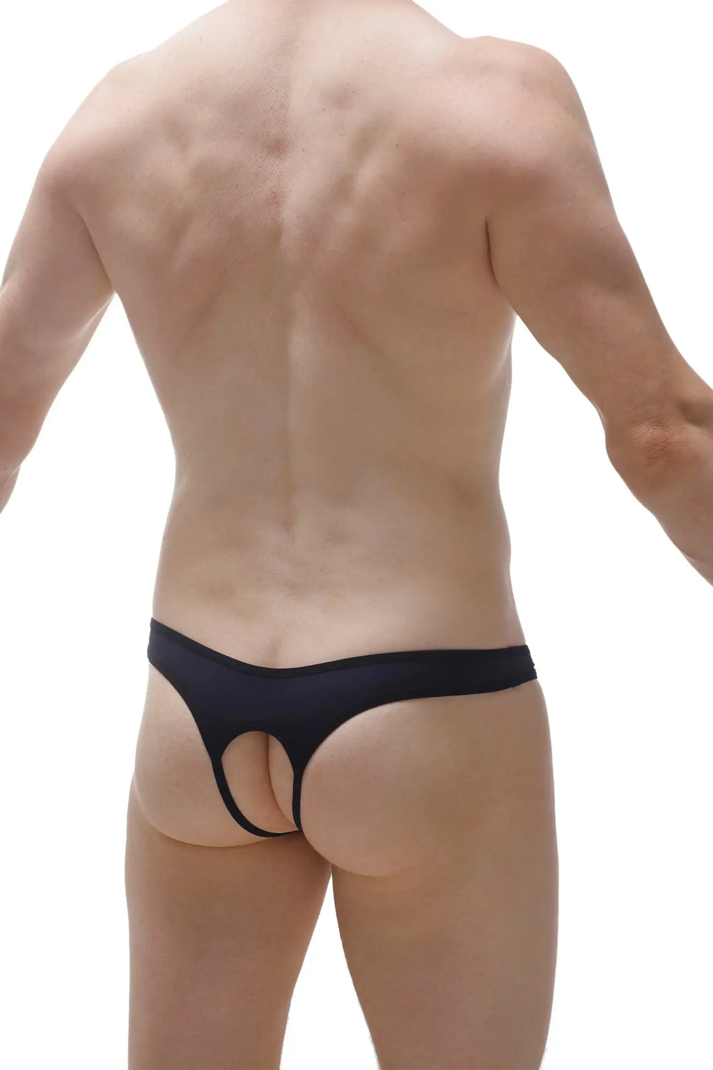 Black thong with open cutout design showing the back side in sleek black fabric for intimate wear