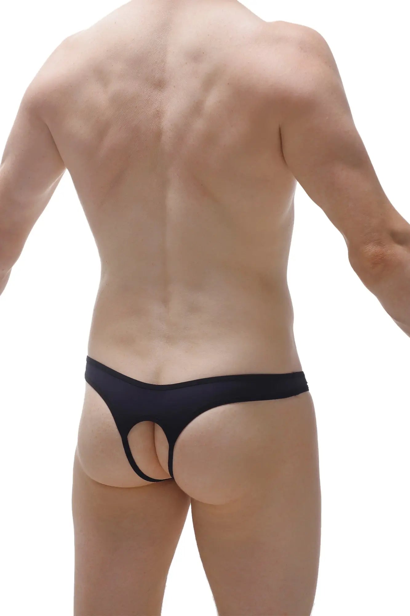 Black thong with open cutout design showing the back side in sleek black fabric for intimate wear