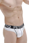 White petitq briefs thong with pad in modal fabric featuring a black waistband with bold white branding